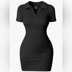 QQQ• Women’s Black Ribbed short sleeve Tummy Control Bodycon Polo Mini Dress M